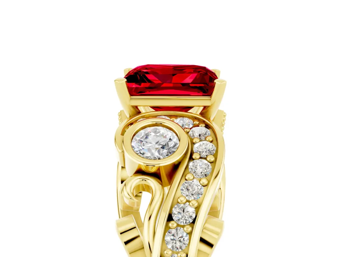 Princess Cut Ruby Solitaire Ring with Milgrain Pavé Band and Four-Prong Setting Yellow gold