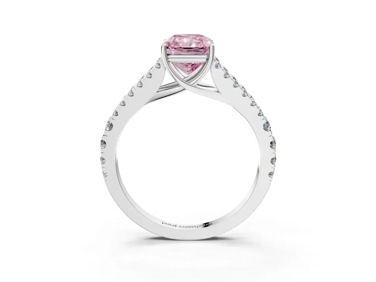 Fancy Pink Radiant Cut Diamond Split Shank Pavé Engagement Ring with Four-Prong Setting White gold