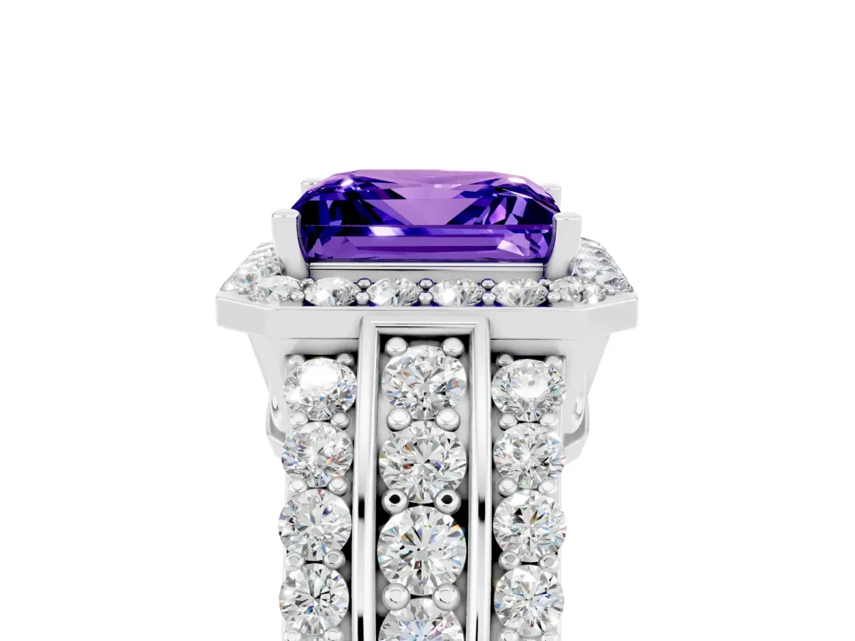 Princess Cut Halo Tanzanite Ring with Round Split Shank and Prong Setting Silver