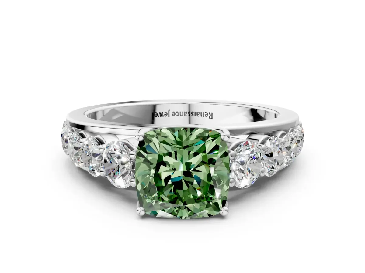 Fancy Green Cushion Cut Brilliant Diamond Pavé Band with Six-Prong Setting Silver