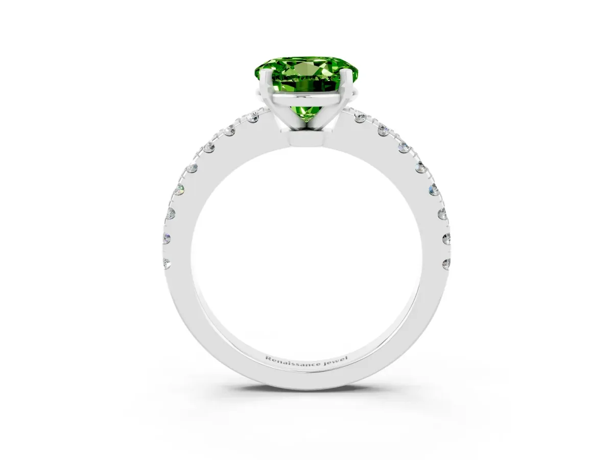 Round Cut Solitaire Peridot with Pavé Band and Four-Prong Setting Platinum