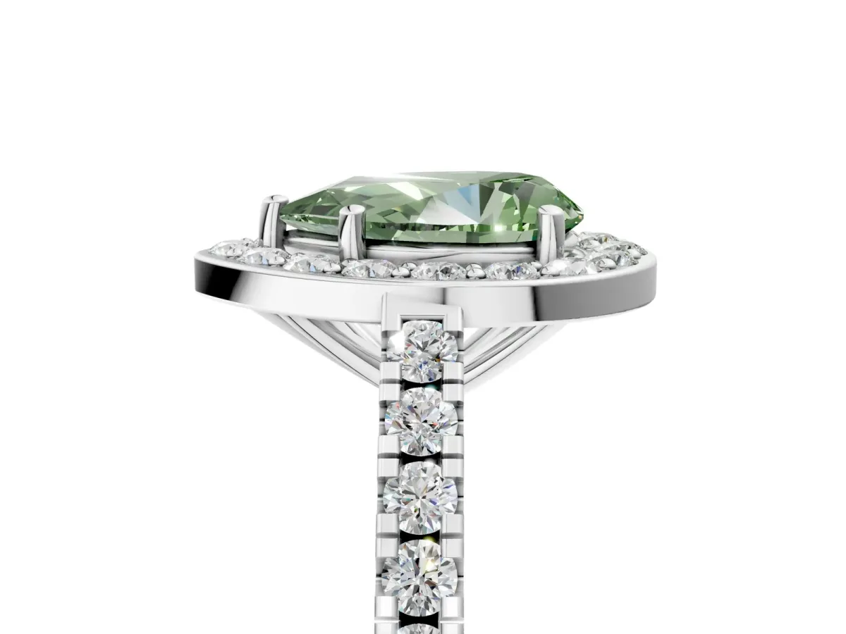 Fancy Green Pear Cut Diamond Halo Ring with Round Pavé Split Shank and Prong Setting Platinum