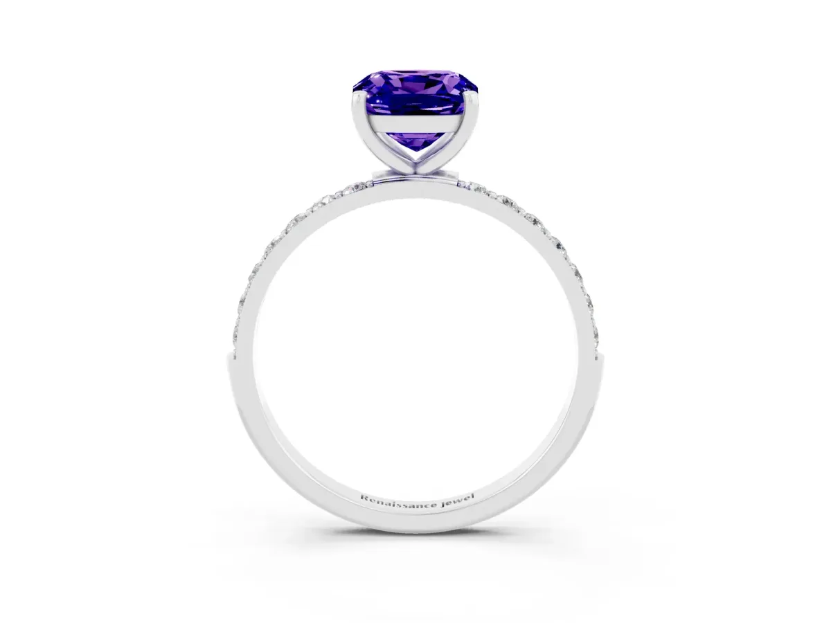 Cushion Cut Tanzanite Solitaire Ring with Round Pavé Band and Prong Setting Silver