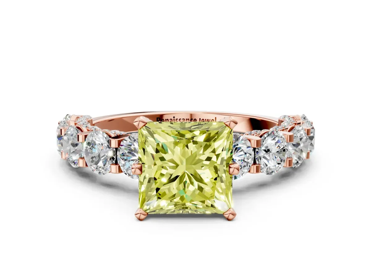 Fancy Yellow Princess Cut Diamond Side Stone Engagement Ring with Four-Prong Setting Rose gold