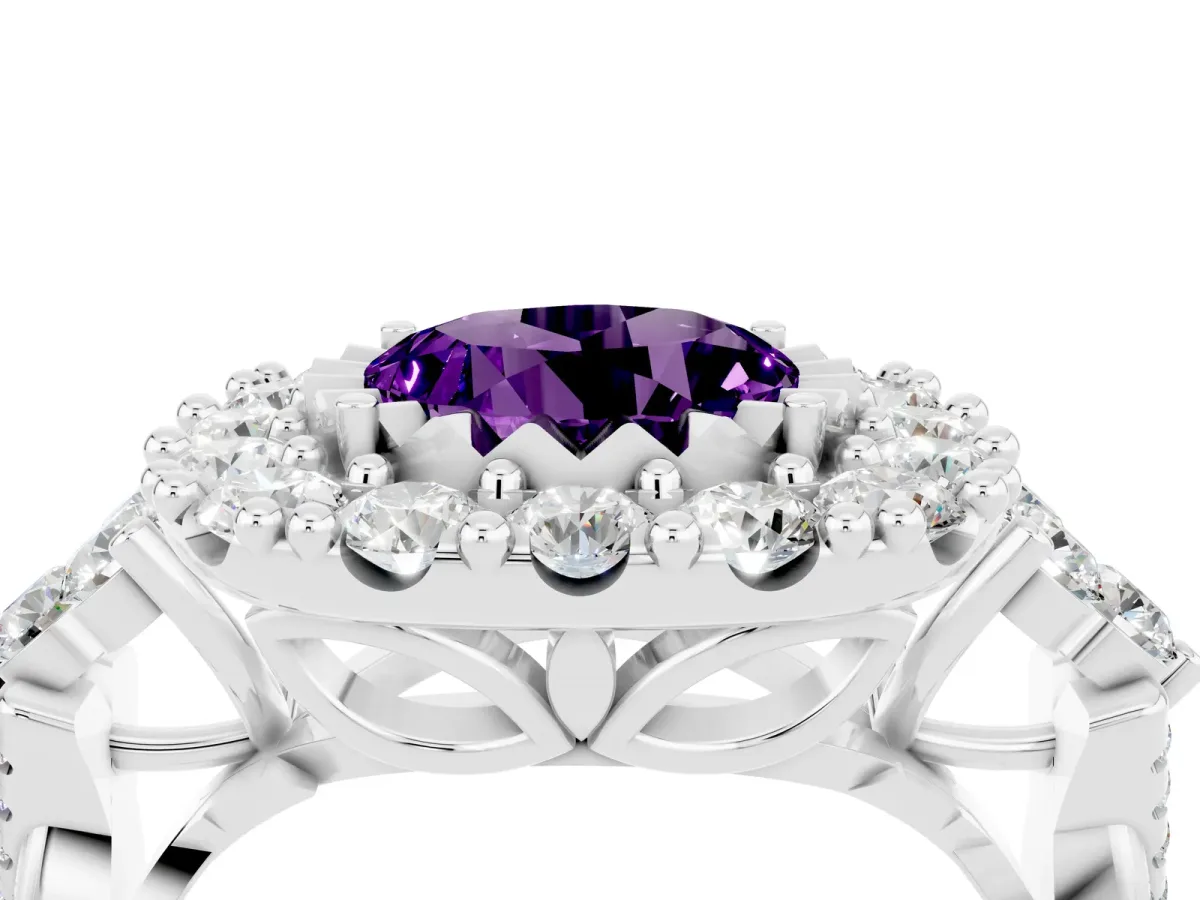 Round Cut Amethyst Halo Ring with Pavé Band and Four-Prong Setting Silver