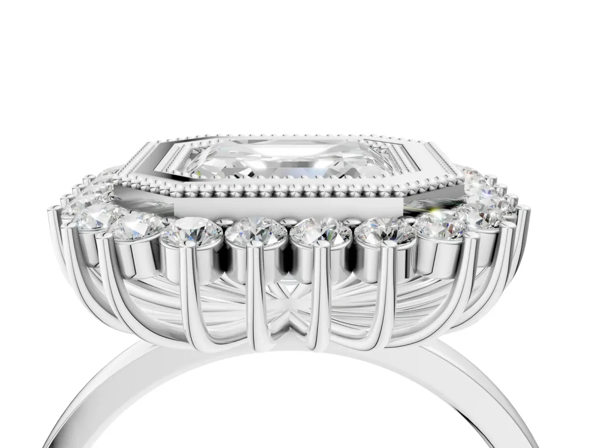 Asscher Cut Halo Diamond Ring with Milgrain Edge and Round Prong Setting Platinum