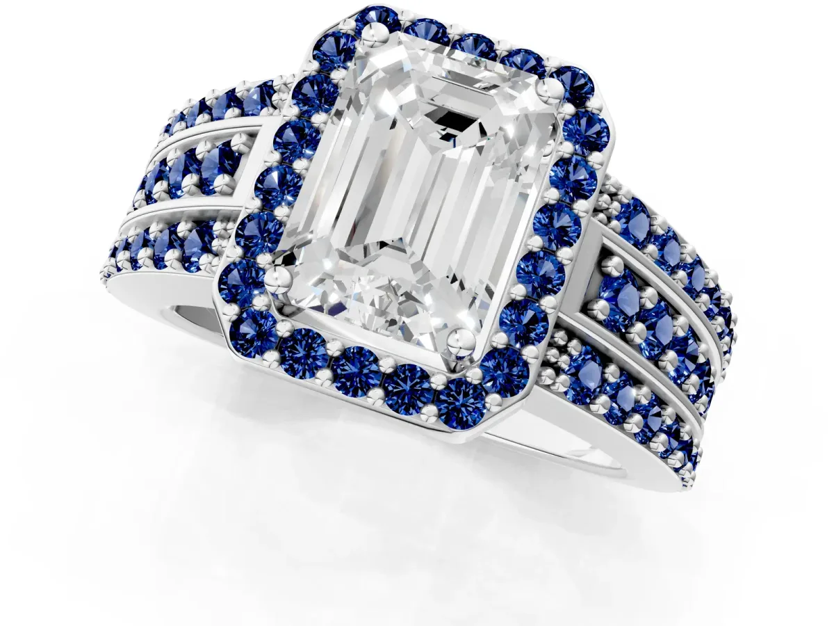 Emerald Cut Halo Diamond Ring with Round Blue Sapphire Split Shank and Prong Setting Silver