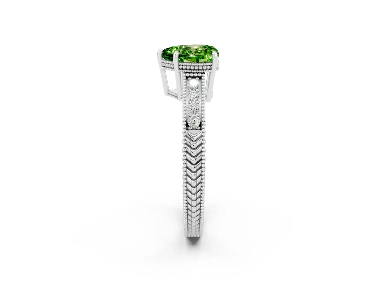 Heart Cut Peridot Ring with Milgrain Pavé Band and Four-Prong Setting Platinum