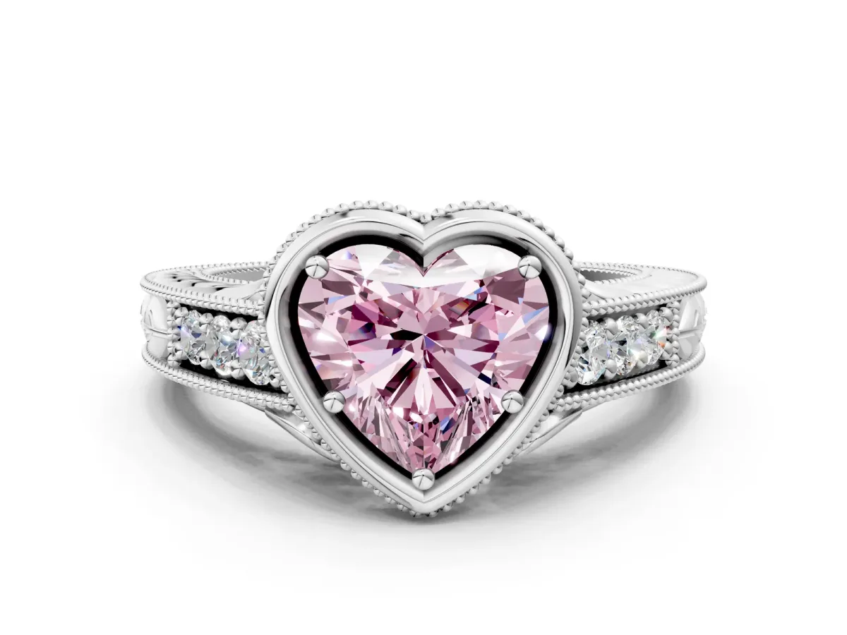 Fancy Pink Bezel Set Heart Cut Diamond Milgrain Pave Engagement Ring Platinum