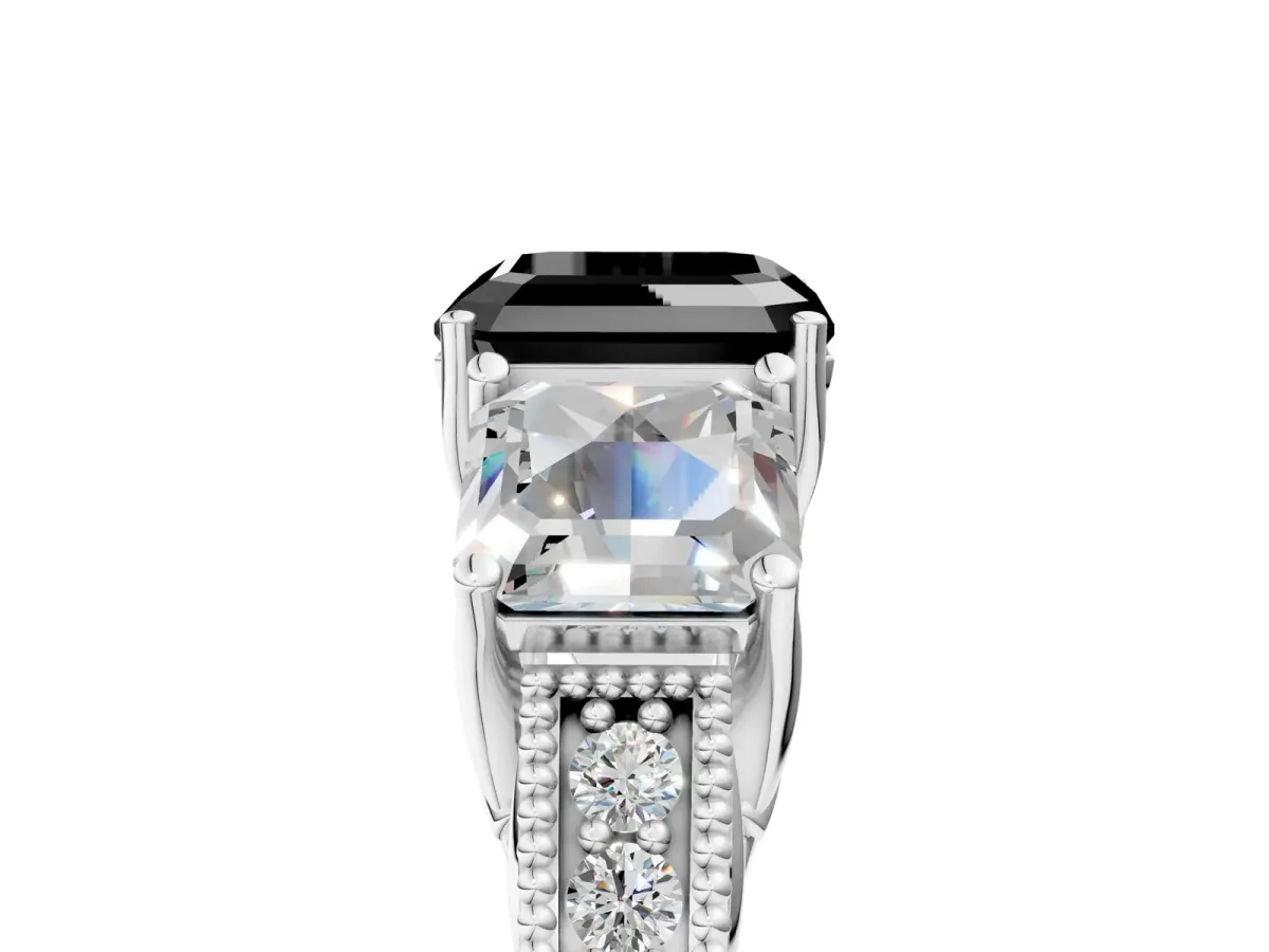 Fancy Black Three-Stone Asscher Cut Cut Milgrain Pavé Engagement Ring Platinum