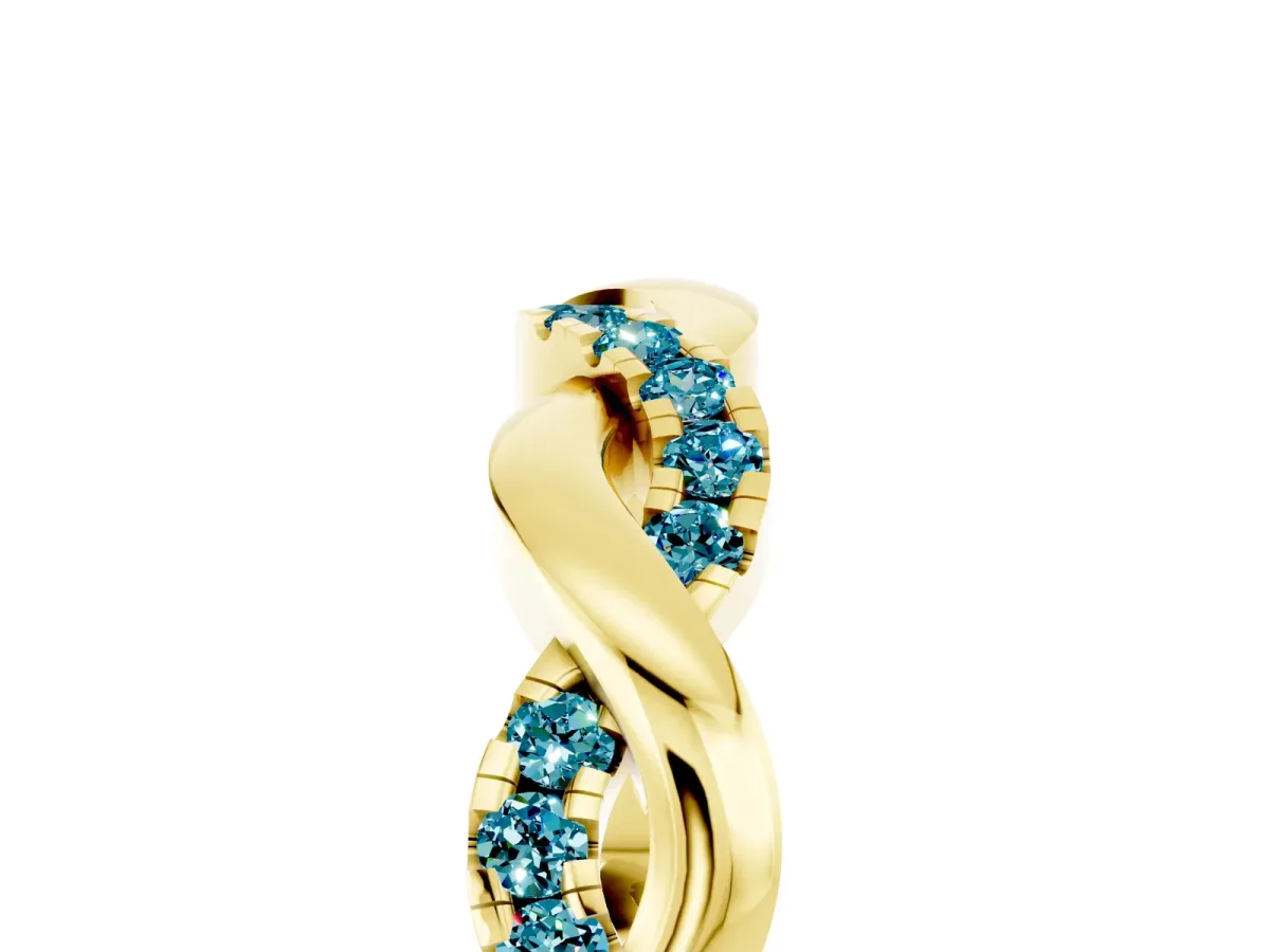 Pavé Round Blue Topaz Twist Eternity Band with Shared Prong Setting Yellow gold