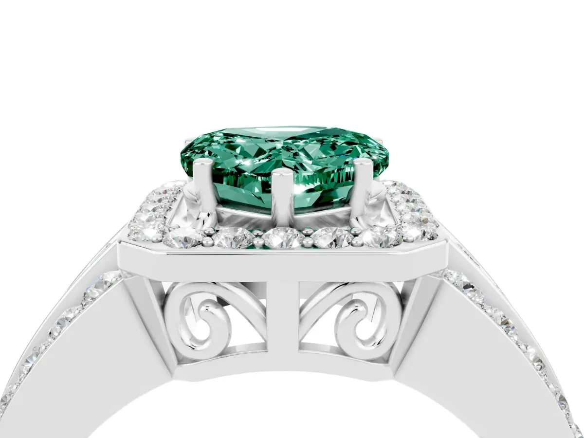 Heart Cut Halo Green Sapphire Ring with Round Split Shank and Prong Setting Silver