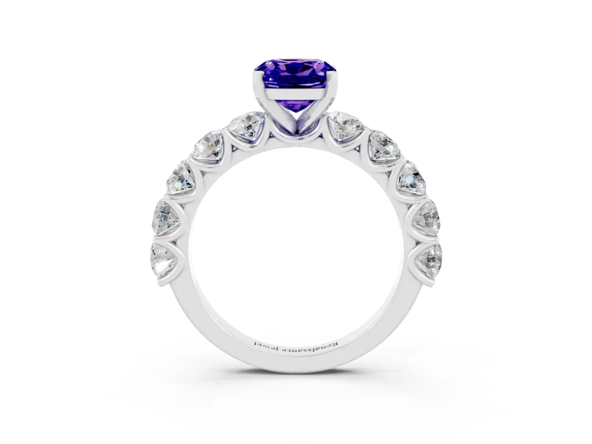 Cushion Cut Tanzanite Prong Setting with Side Stones on a Pave Band Silver
