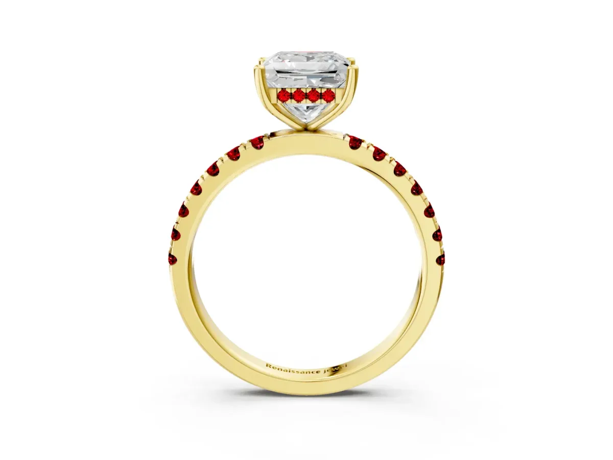 Princess Cut Diamond Pave Band Solitaire Ring with Round Ruby and Prong Setting Yellow gold