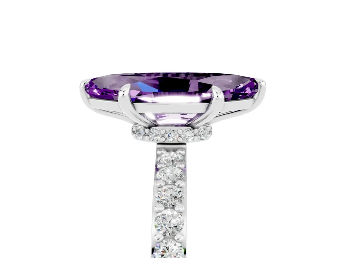 Marquise Cut Amethyst Solitaire Engagement Ring with Pavé Band and Four-Prong Setting Silver
