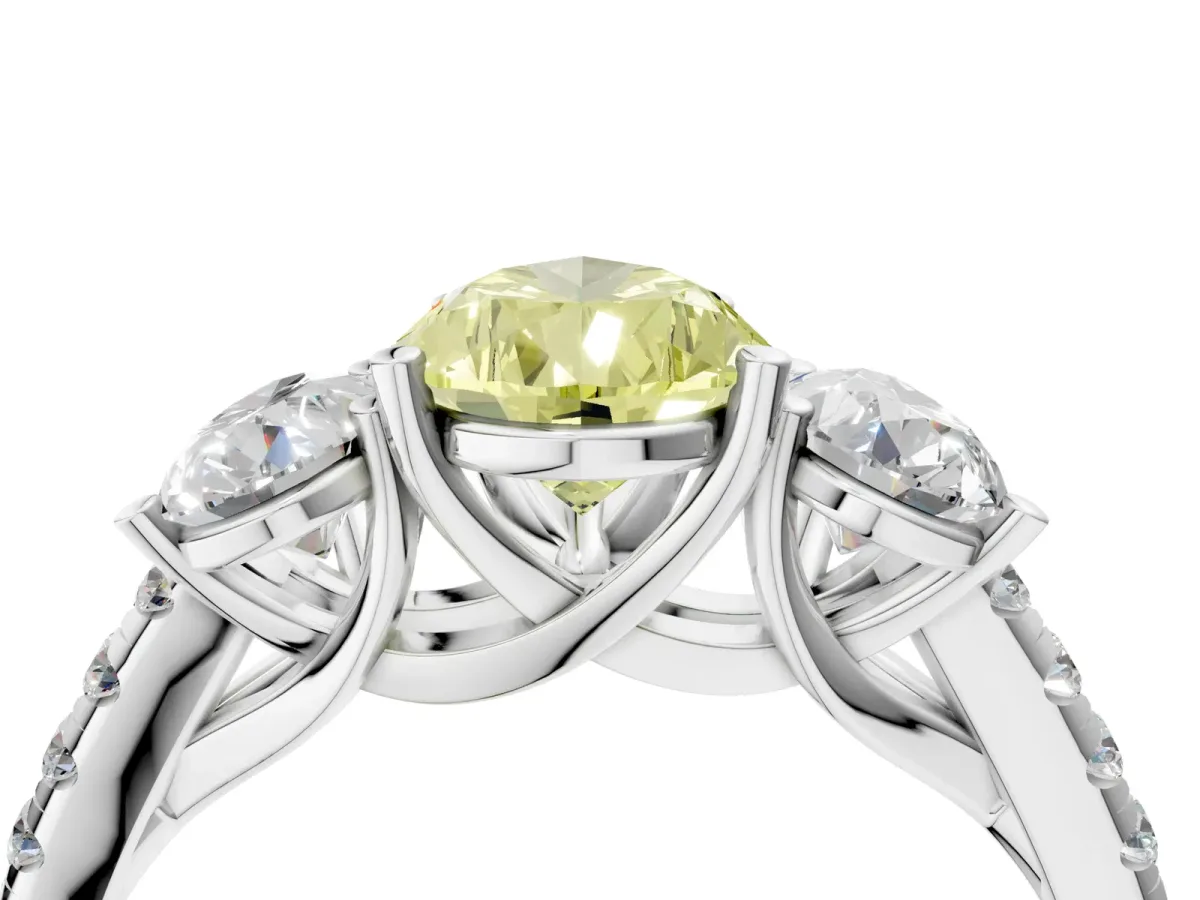 Fancy Yellow Three-Stone Pear Cut Diamond Ring with Round Pavé Band and Prong Setting Silver
