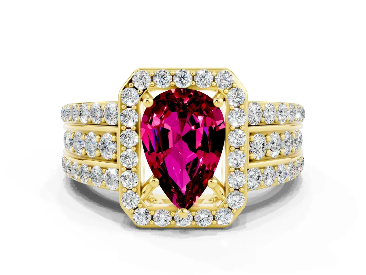 Pear Cut Halo Garnet Ring with Round Split Shank and Prong Setting Yellow gold