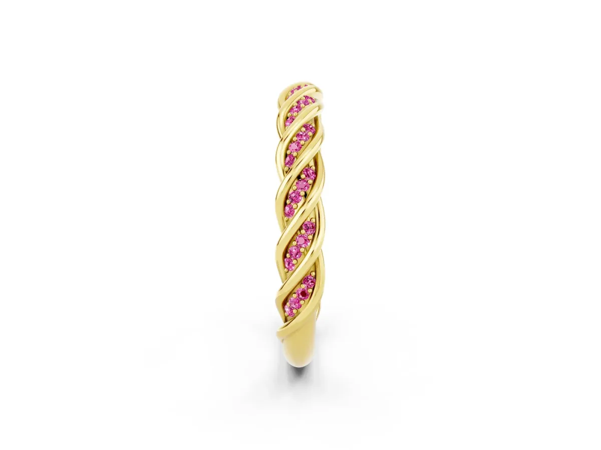 Twisted Pavé Round Pink Sapphire Eternity Band with Shared Prong Setting Yellow gold
