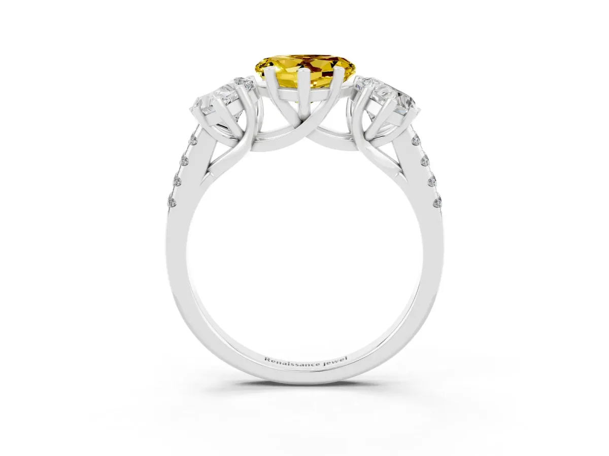 Three-Stone Heart Cut Yellow Sapphire Ring with Round Pavé Band and Prong Setting Silver