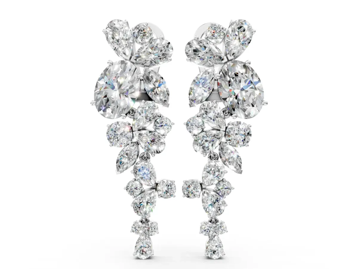 Pear, Marquise and Round Diamond Floral Drop Earrings Silver