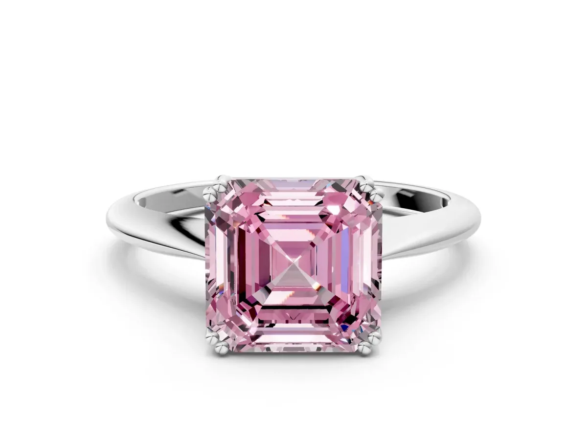 Fancy Pink Asscher Cut Solitaire Diamond Ring with Six-Prong Setting and Classic Band Platinum