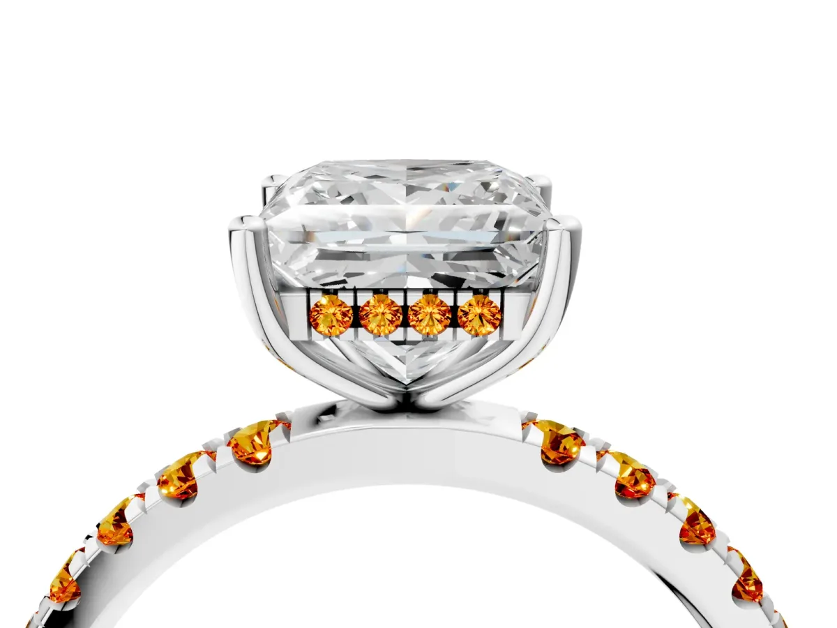 Princess Cut Diamond Pave Band Solitaire Ring with Round Citrine and Prong Setting Platinum
