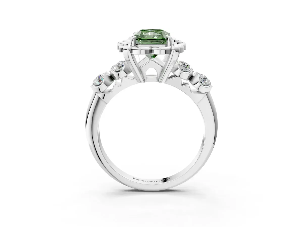 Fancy Green Radiant Cut Cut Diamond Floral Halo Engagement Ring with Shared Prong Setting Silver