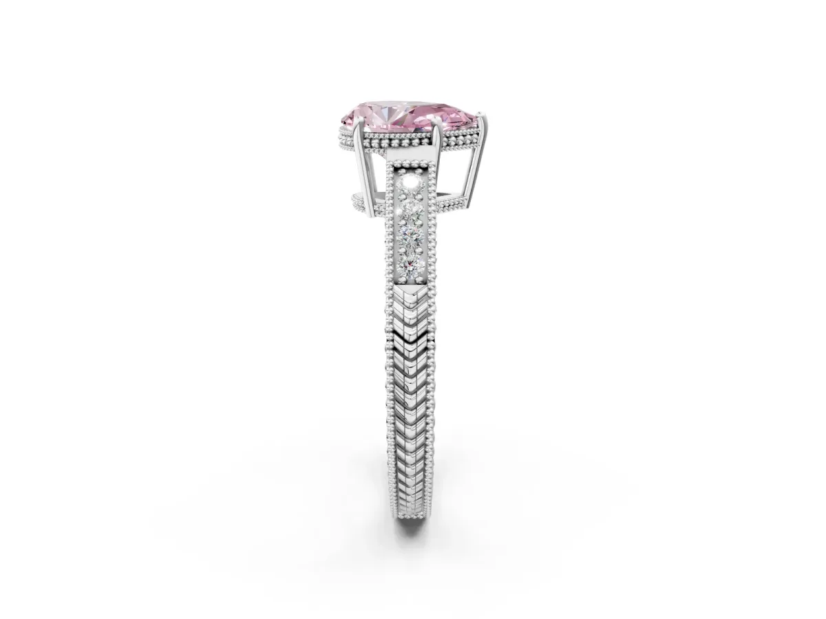 Fancy Pink Pear Cut Diamond Ring with Milgrain Pavé Band and Four-Prong Setting Platinum