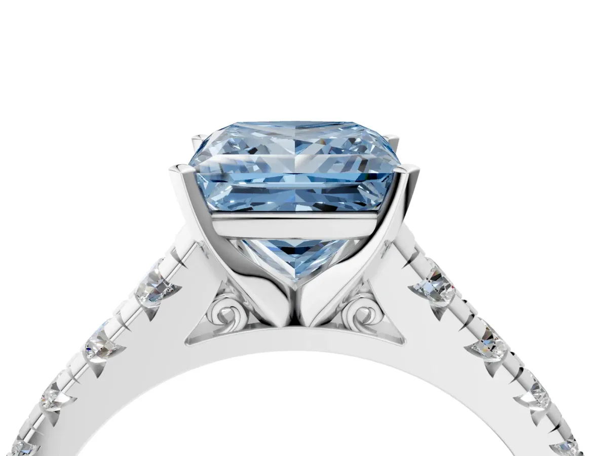 Fancy Blue Princess Cut Diamond Cathedral Solitaire Ring with Round Pavé Band Silver