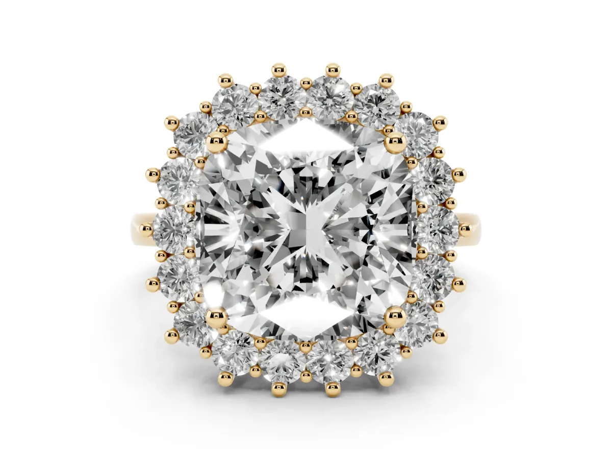 Cushion Diamond Halo Engagement Ring with Round Diamond Accents Yellow gold