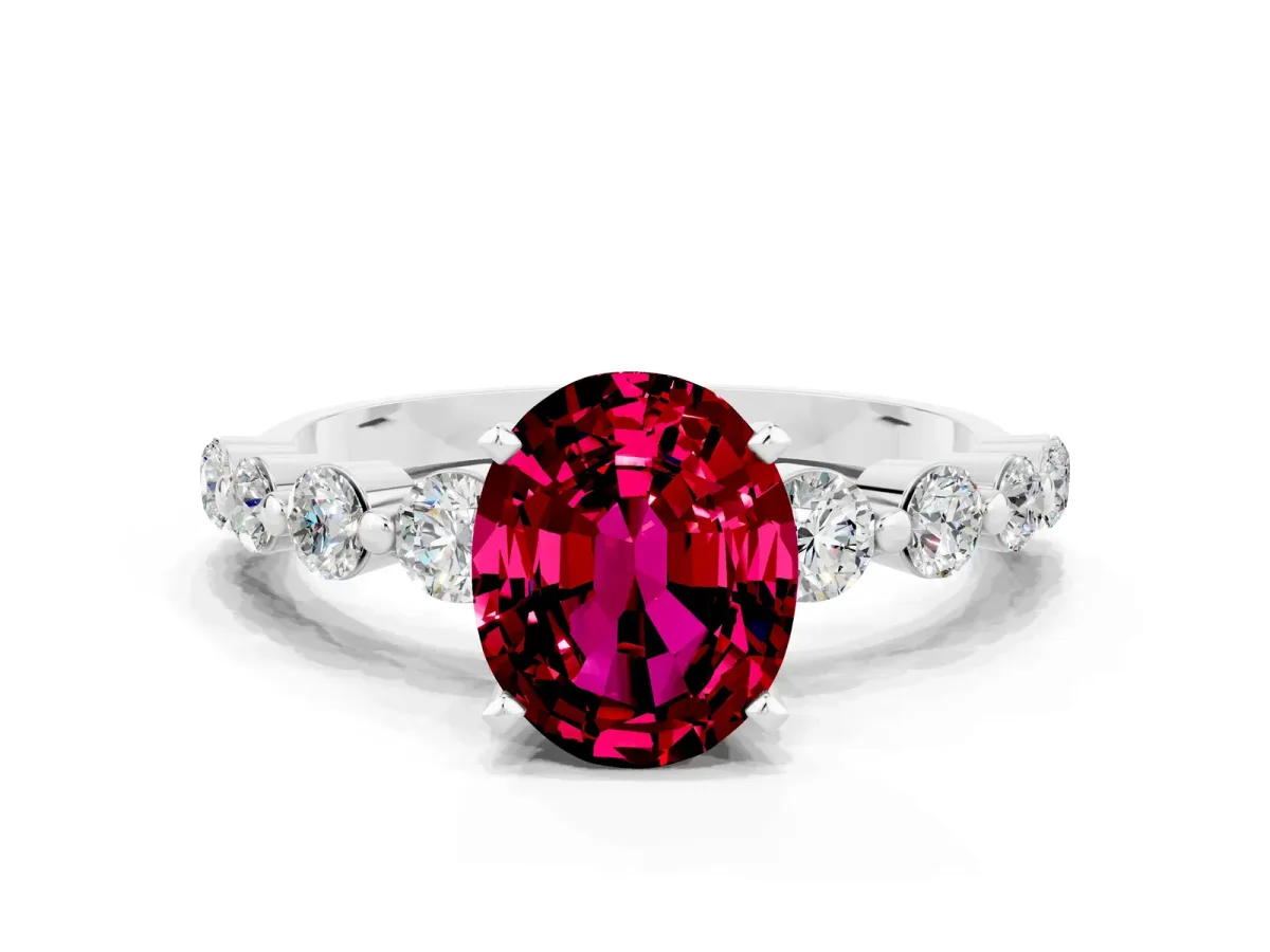 Oval Cut Solitaire Garnet Ring with Pave Band and Four-Prong Setting Platinum