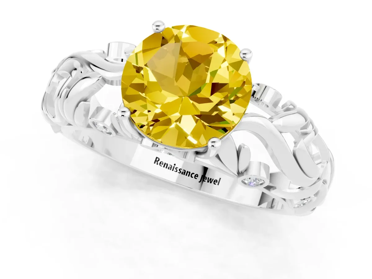 Round Cut Solitaire Yellow Sapphire Leaf-Inspired Vine Band Ring with Prong Setting Silver