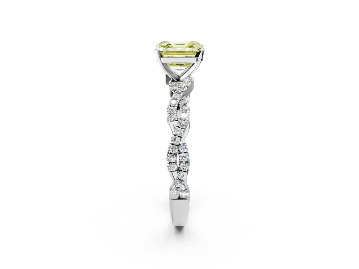 Fancy Yellow Asscher Cut Solitaire Twisted Pave Band with Four-Prong Setting Platinum