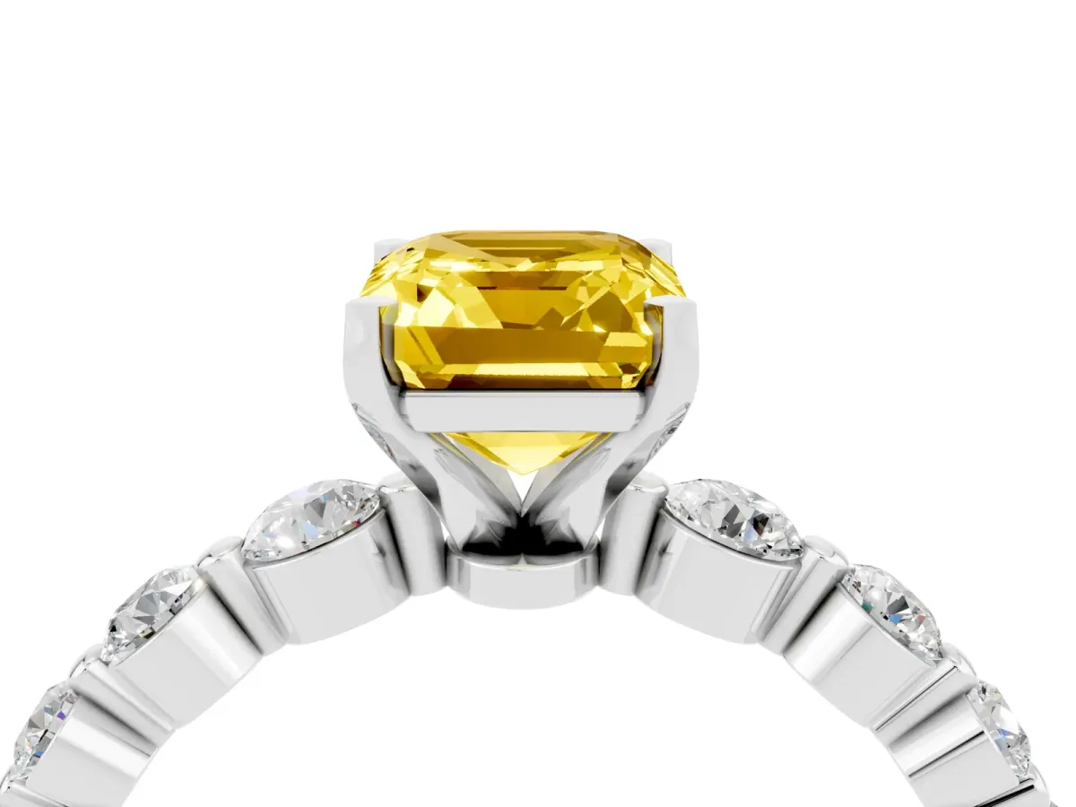 Emerald Cut Solitaire Yellow Sapphire Ring with Pave Band and Four-Prong Setting Silver