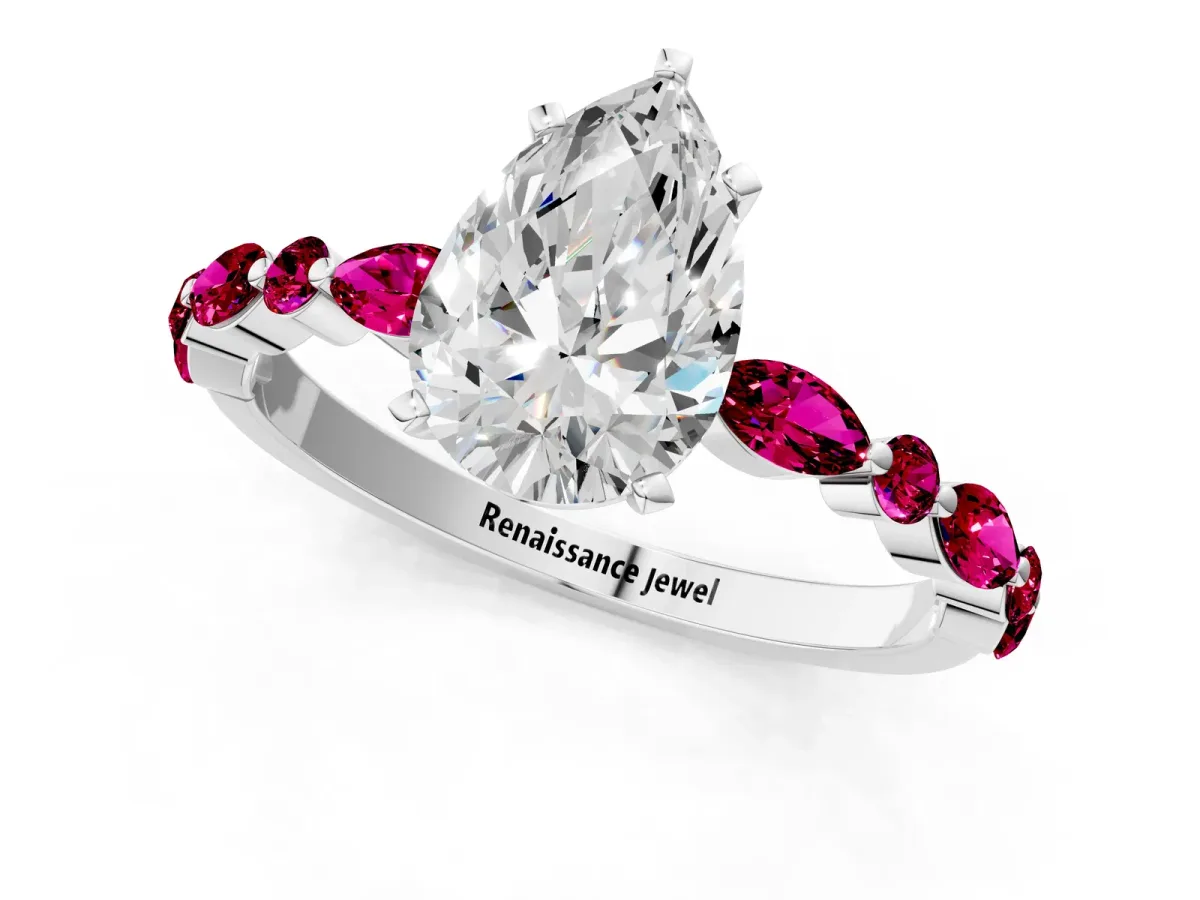 Pear Cut Diamond Ring with Marquise and Round Garnet Side Stones and Four-Prong Setting Silver