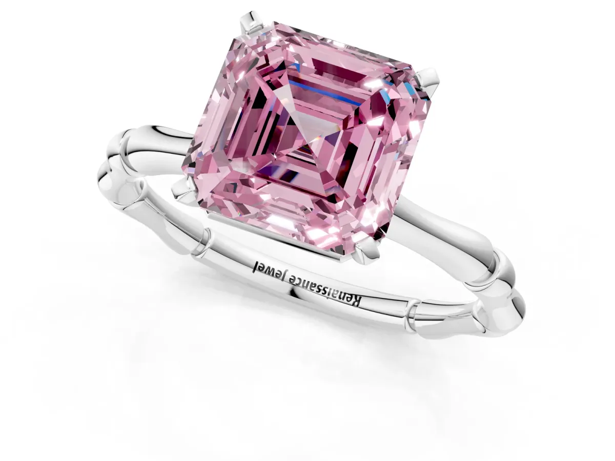 Fancy Pink Asscher Cut Solitaire Diamond Ring with Bamboo Band and Four-Prong Setting Platinum