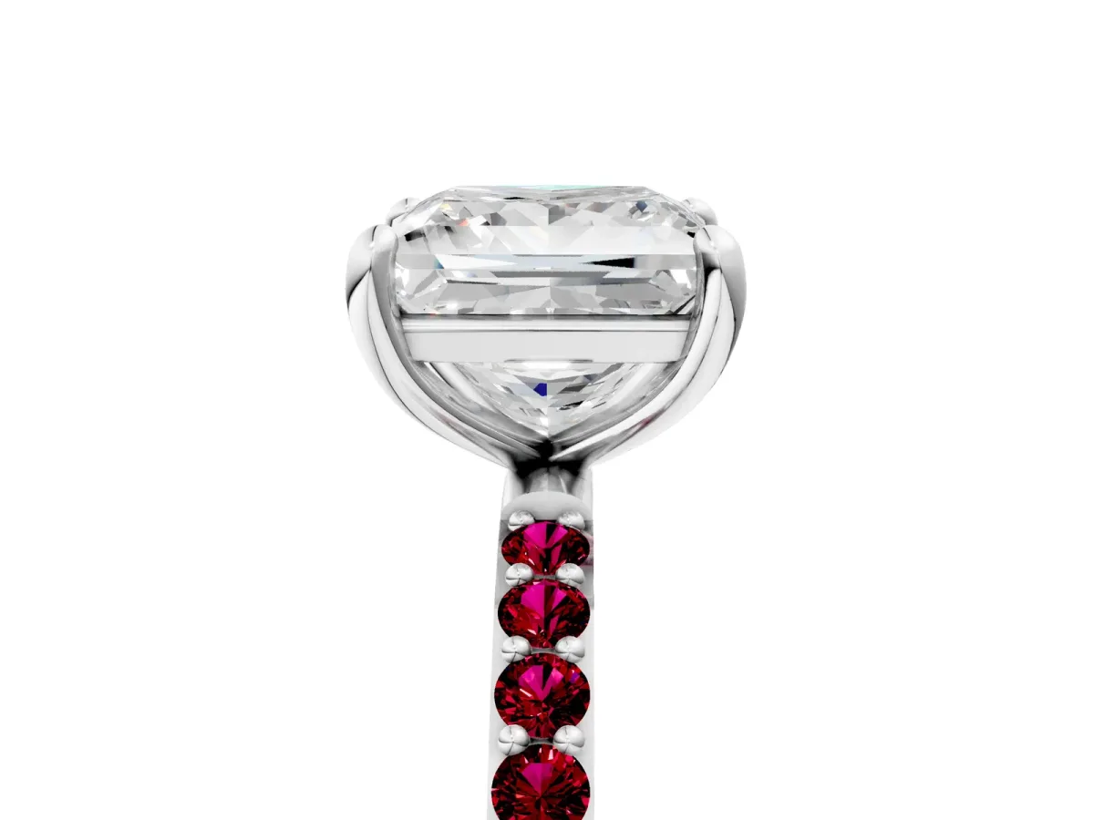 Princess Cut Diamond Solitaire Ring with Round Garnet Pavé Band and Prong Setting Silver