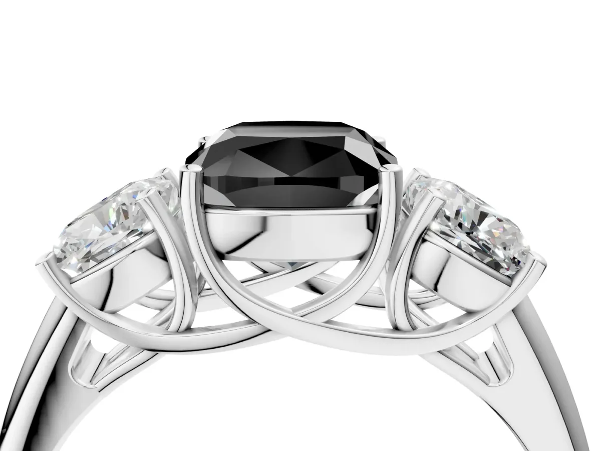 Fancy Black Three-Stone Cushion Cut Diamond Engagement Ring with Prong Setting White gold