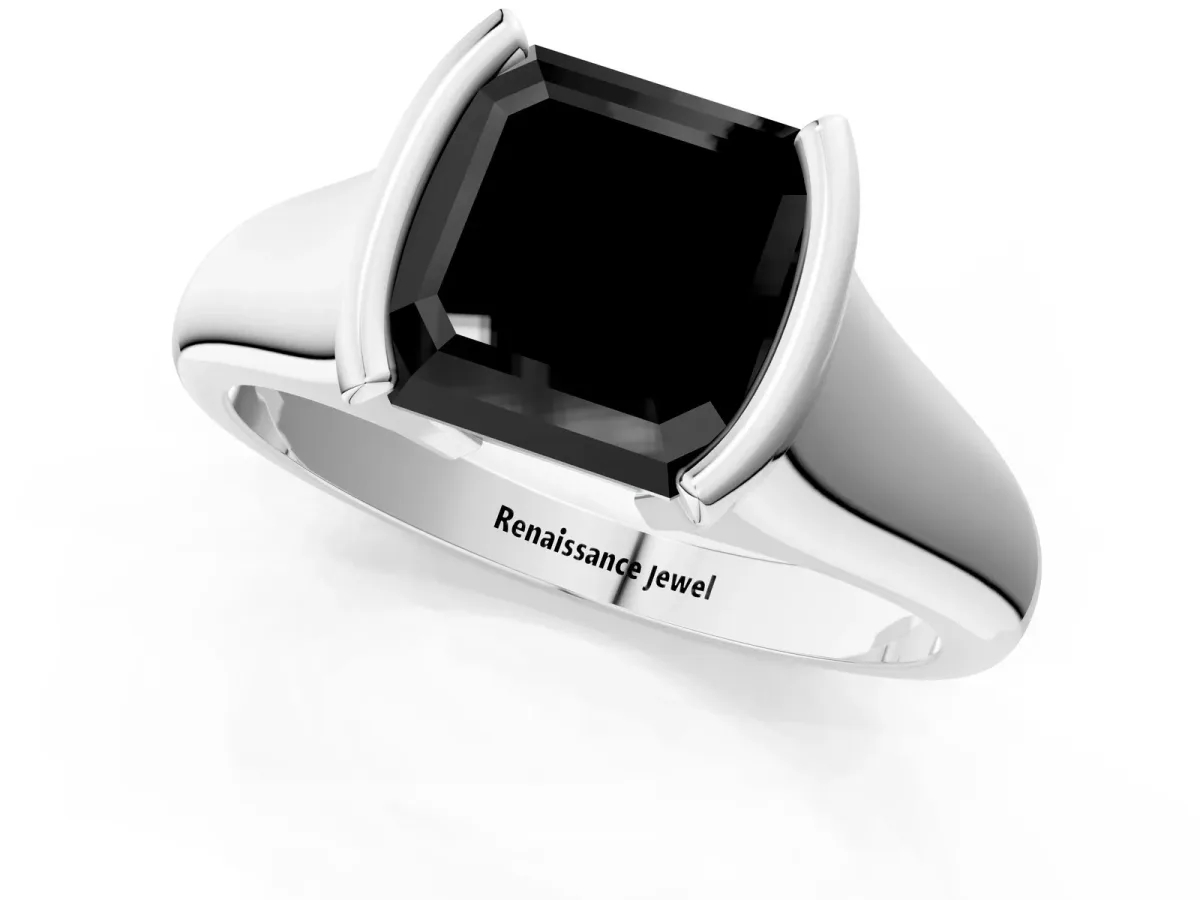 Fancy Black Asscher Cut Solitaire Tension Set Diamond Ring with Split Shank Band Platinum