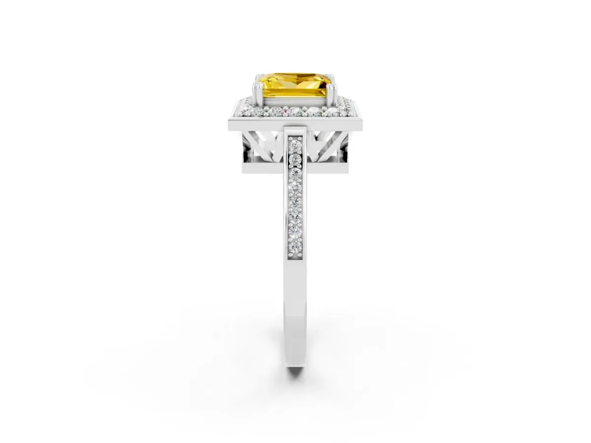 Princess Cut Yellow Sapphire Halo Ring with Split Shank and Four-Prong Setting Platinum