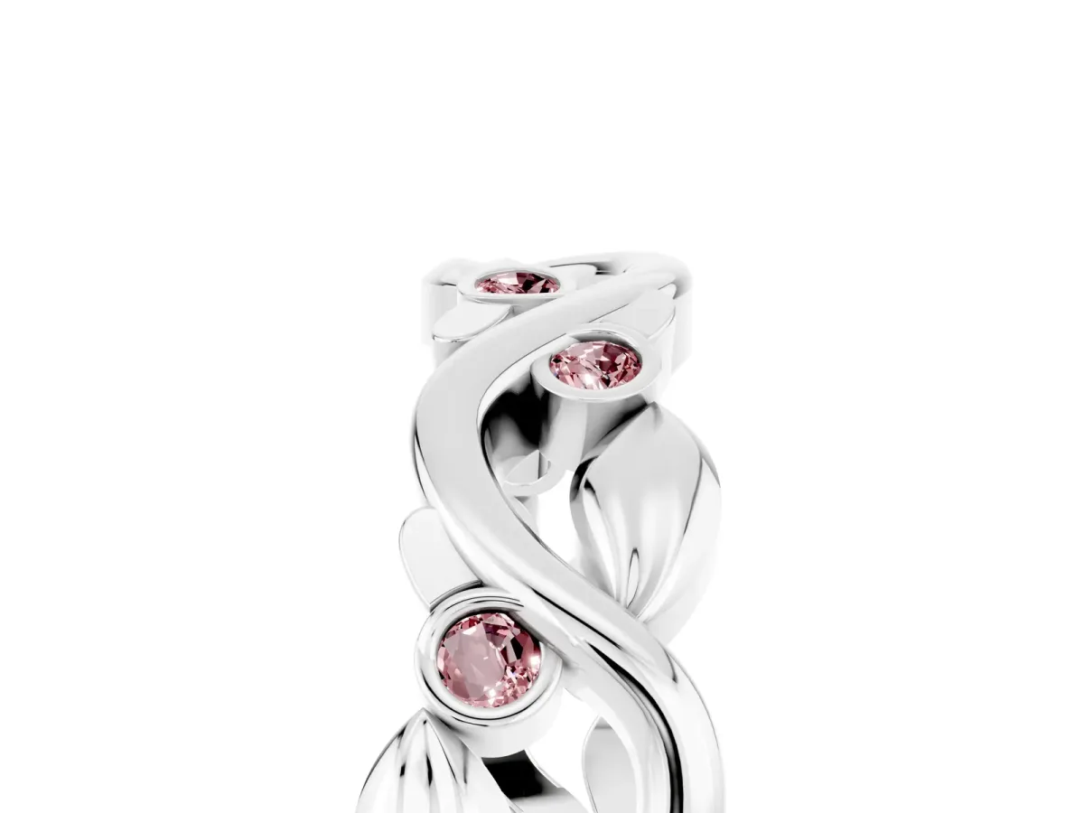 Round Morganite Leaf Eternity Band with Bezel Setting White gold