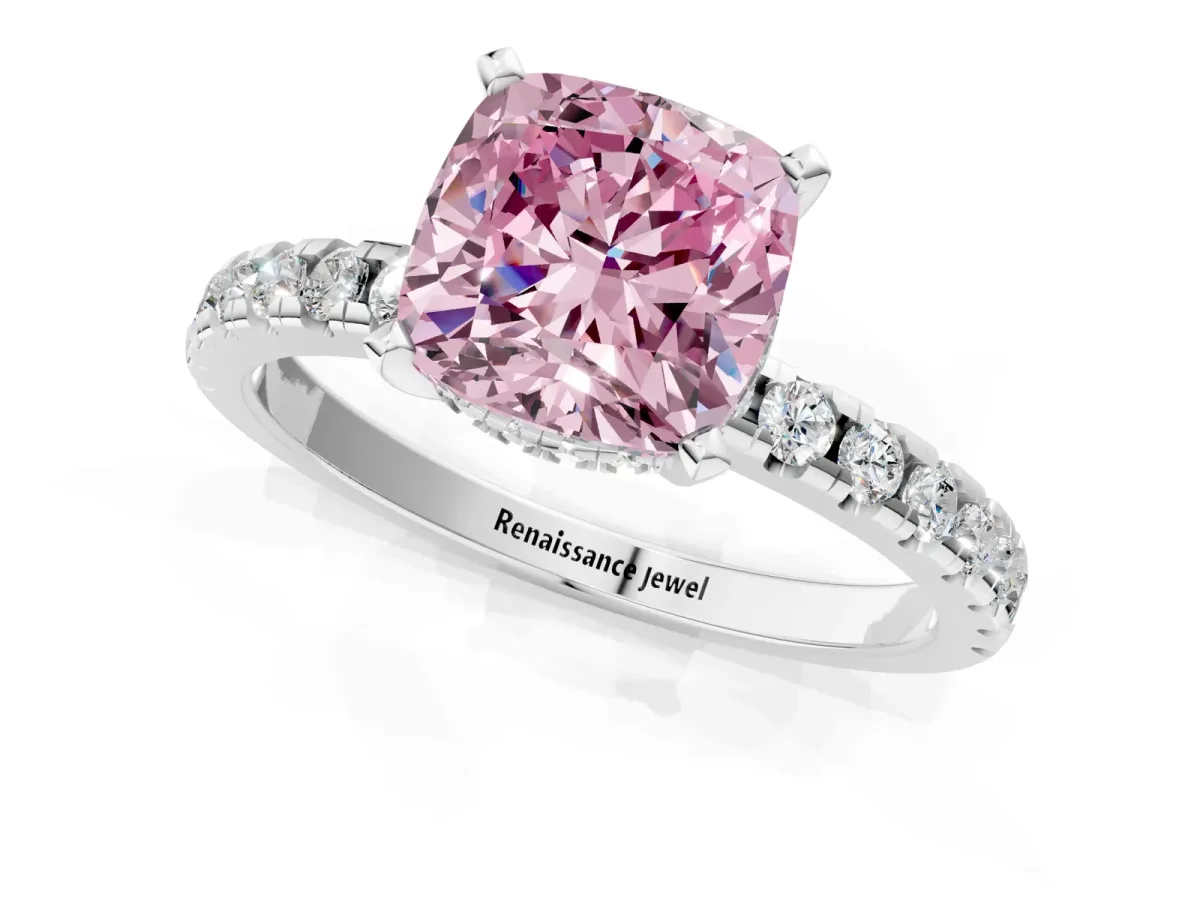 Fancy Pink Cushion Cut Diamond Solitaire Ring with Round Pavé Band and Four-Prong Setting Silver