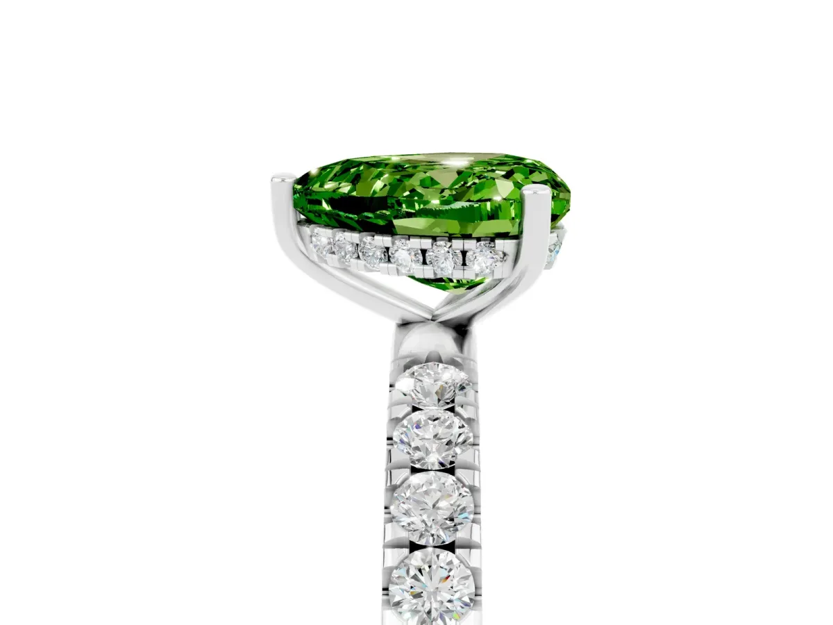 Heart Cut Peridot Pave Band Solitaire Ring with Round and Prong Setting Platinum