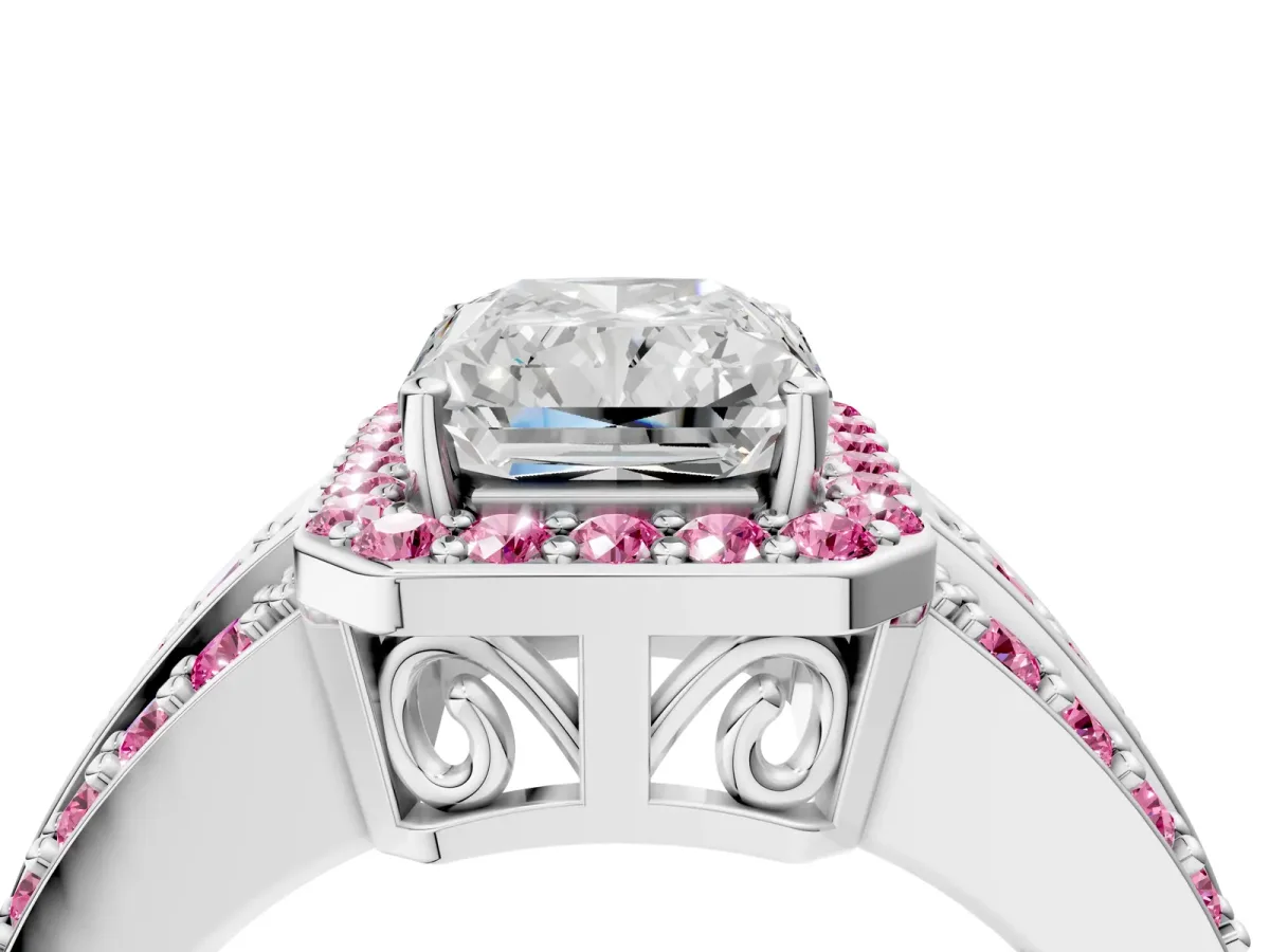 Radiant Cut Halo Diamond Ring with Round Pink Sapphire Split Shank and Prong Setting Silver