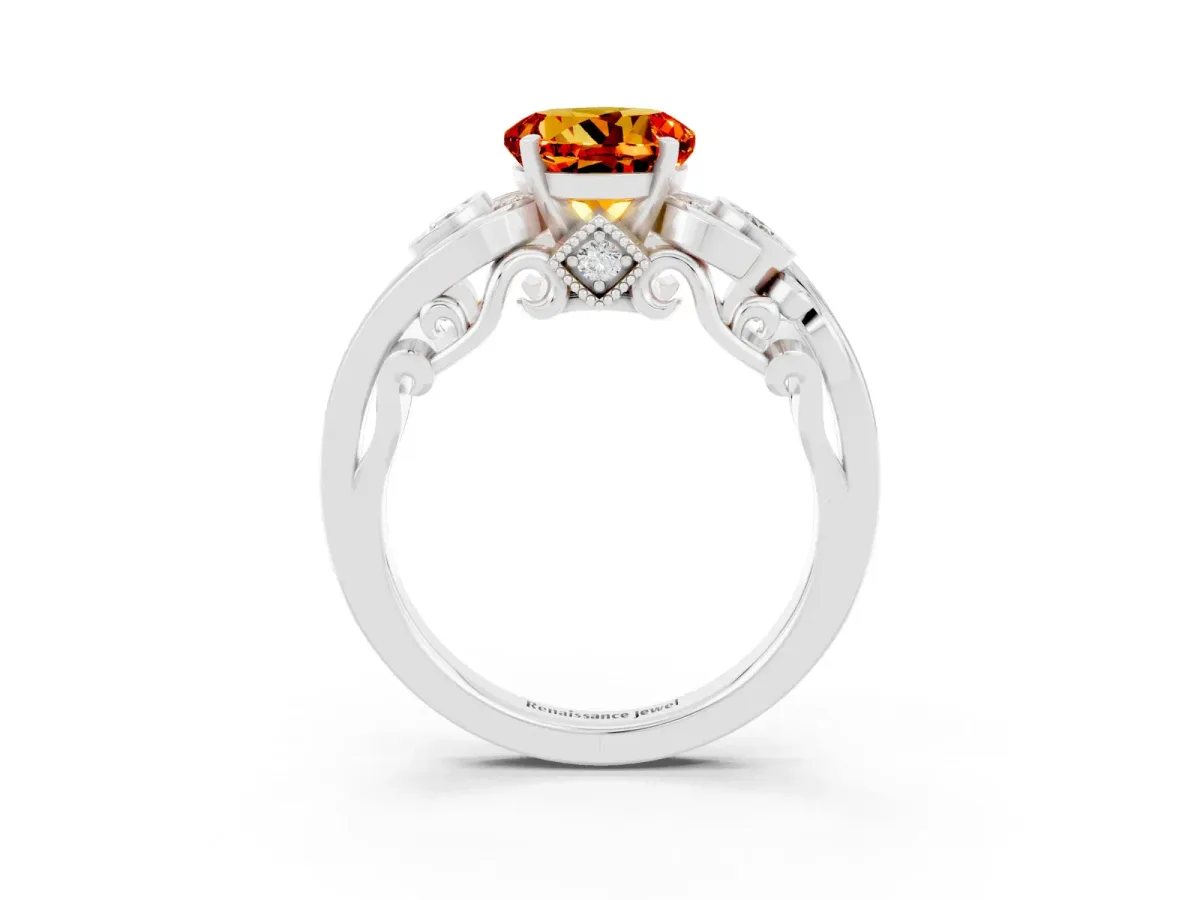 Round Cut Citrine Solitaire Ring with Milgrain Pavé Band and Four-Prong Setting Silver