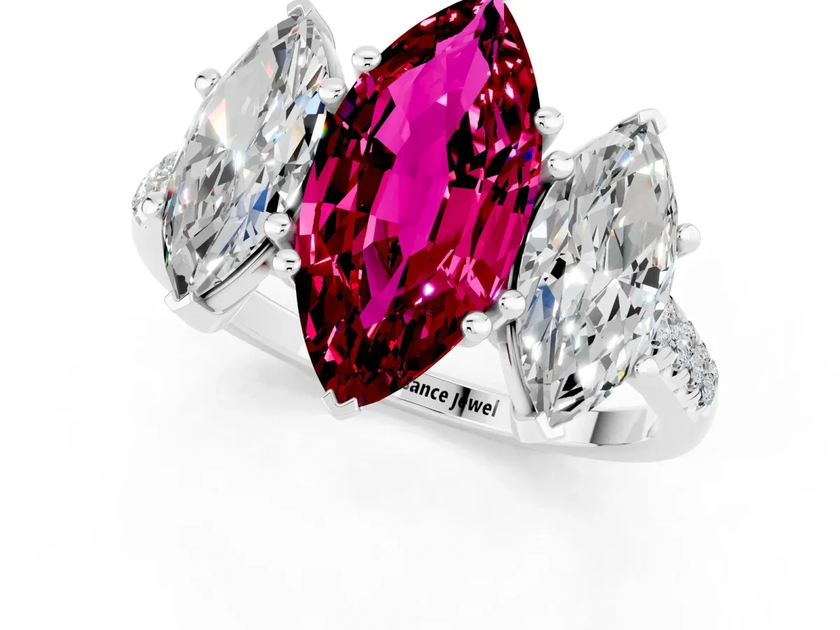 Three-Stone Marquise Cut Garnet Ring with Round Pavé Band and Prong Setting Platinum