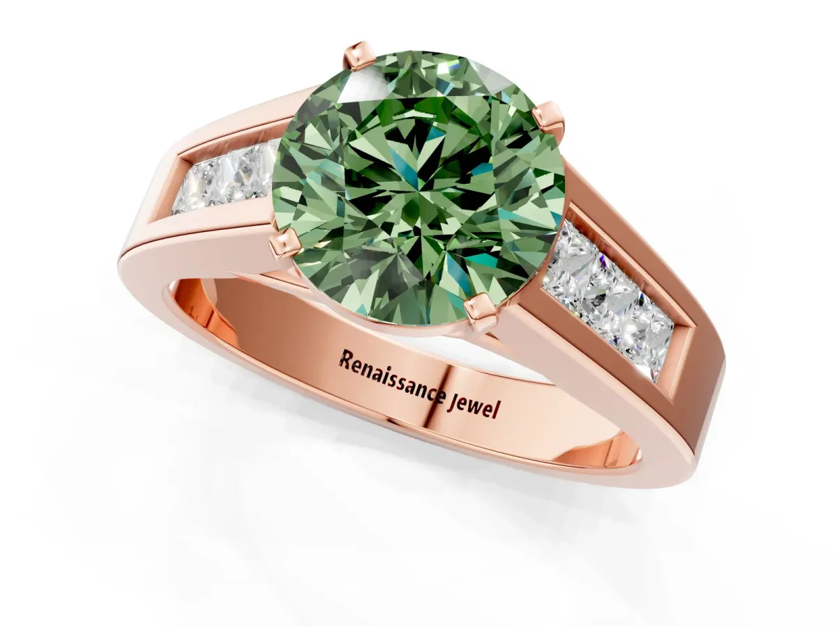 Fancy Green Round Cut Cut Channel Set Solitaire Ring with Four-Prong Setting Rose gold