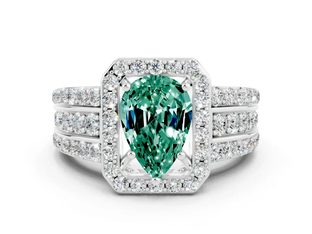 Pear Cut Halo Green Sapphire Ring with Round Split Shank and Prong Setting Platinum
