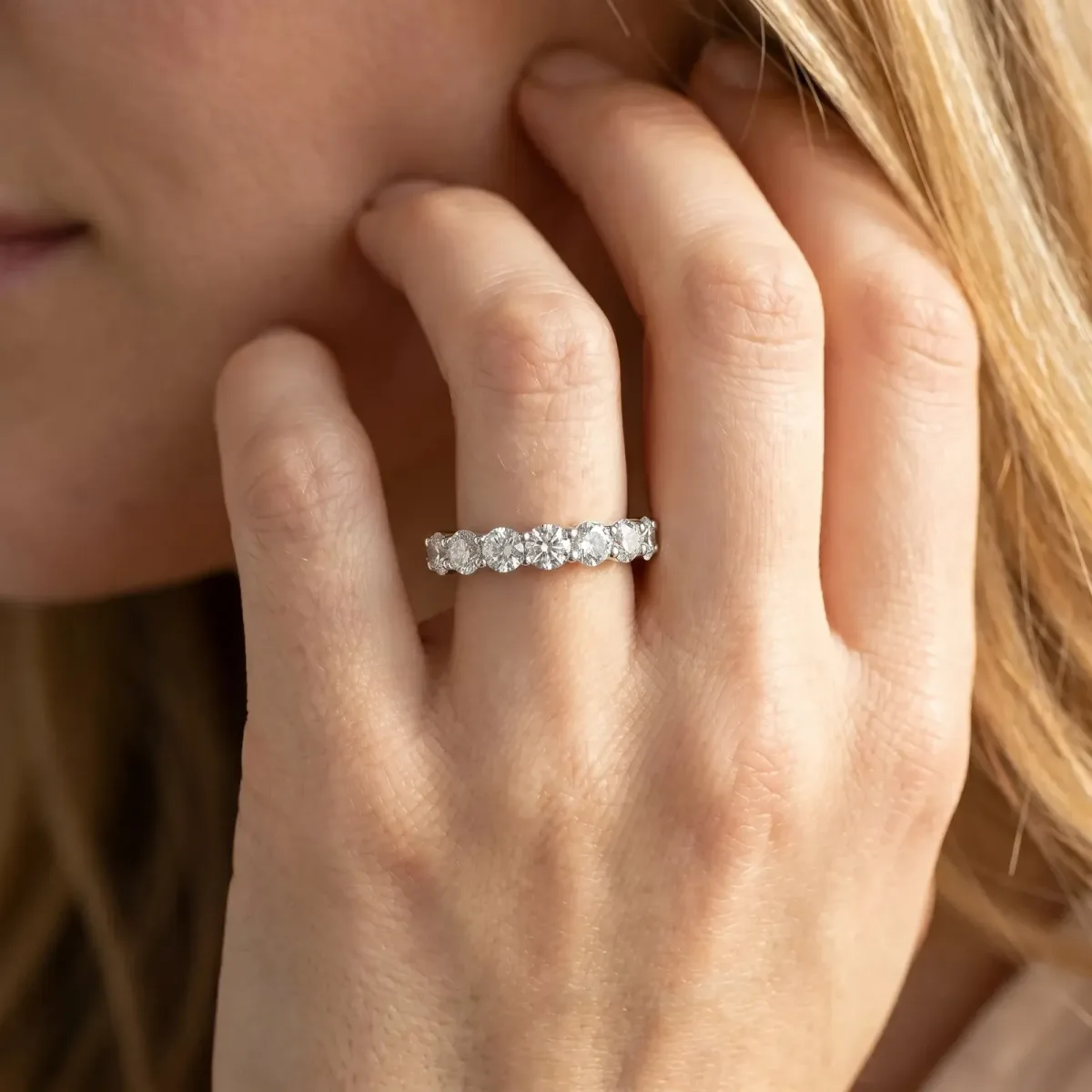 Round Diamond Half Eternity Band with Prong Setting Silver