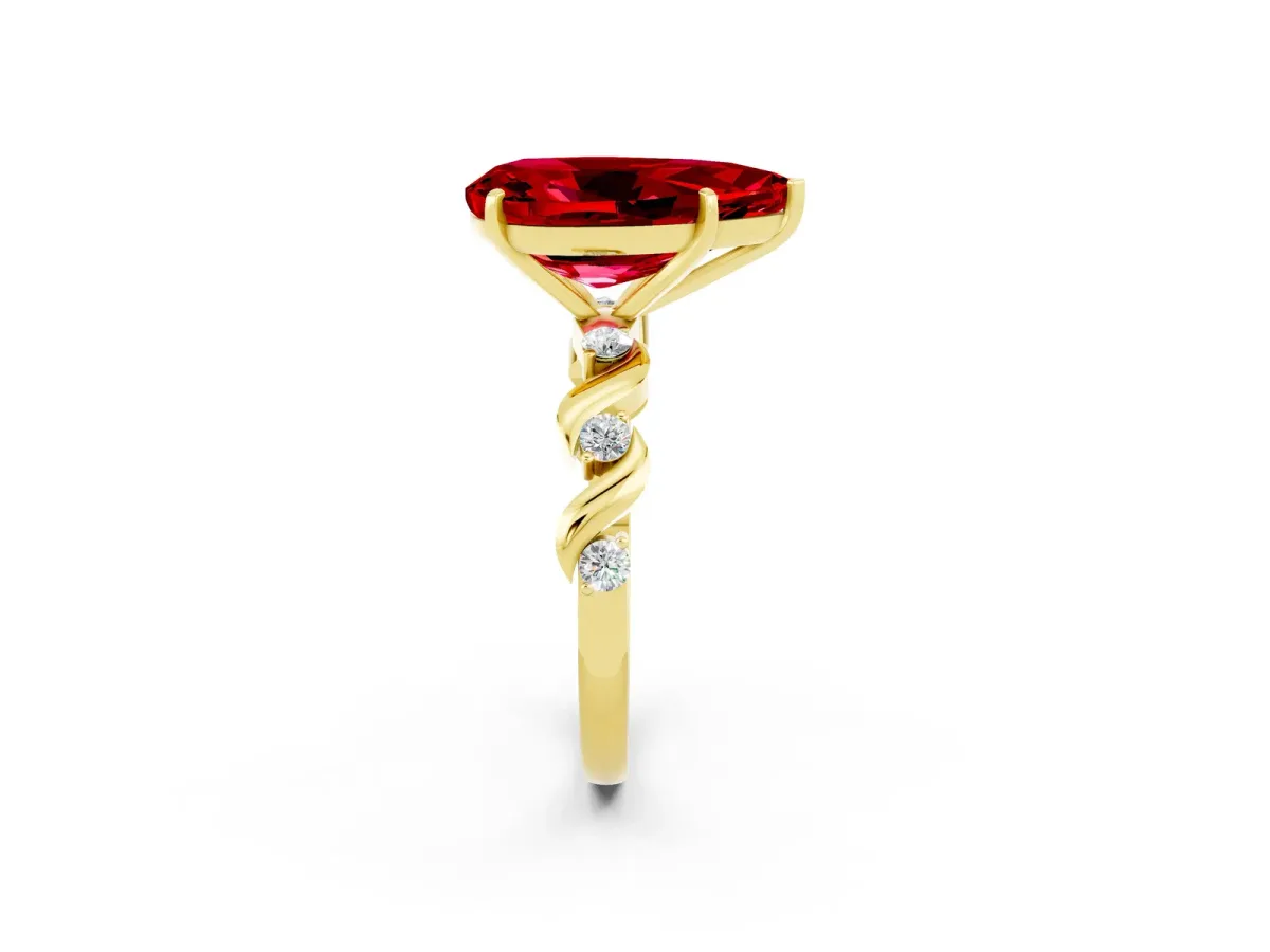 Pear Cut Ruby Solitaire Twisted Band with Round Accents and Prong Setting Yellow gold